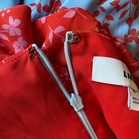 Likely, Raffa Floral Puff Sleeve Midi Slit Dress, Red, Light Blue Colorblock - Picture 6 of 7